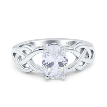 14K White Gold Oval Solitaire Celtic Wedding Engagement Ring Vintage Simulated Cubic Zirconia Size-7